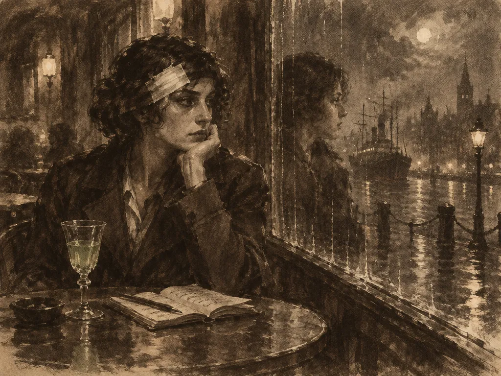 Ilustrasi sepia: detektif perempuan berperban di pelipis duduk sendirian di kafe dekat jendela hujan, segelas absinth dan buku catatan di meja.